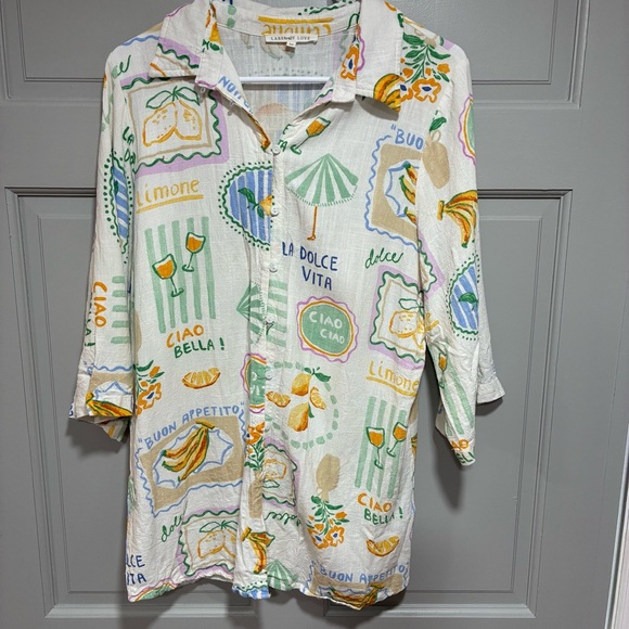 Label of Love Blouse Women Size Medium Colorful Graphic 3/4 sleeves Linen Blend - Picture 1 of 15